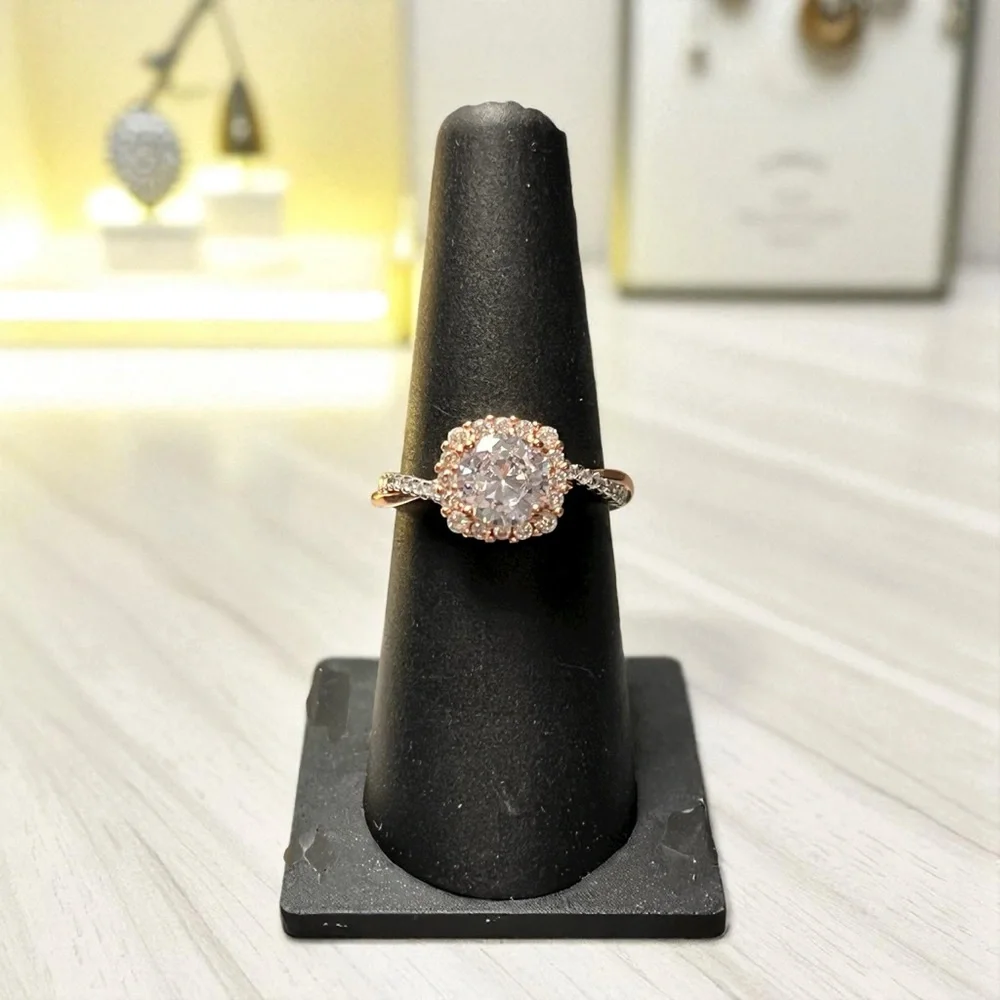 Elegant Rose Gold 925 Halo Ring - Picture 1 of 5